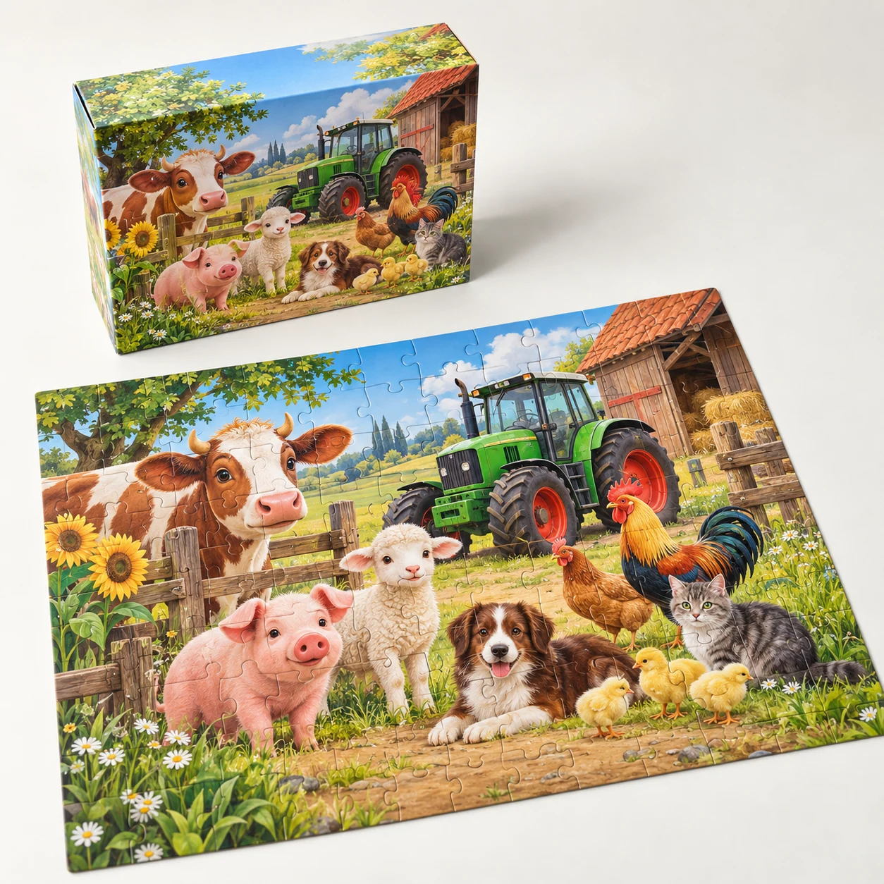 Bauernhof-Kinderpuzzle mit 104 Teilen – realistische KI-Visualisierung einer möglichen Ausführung