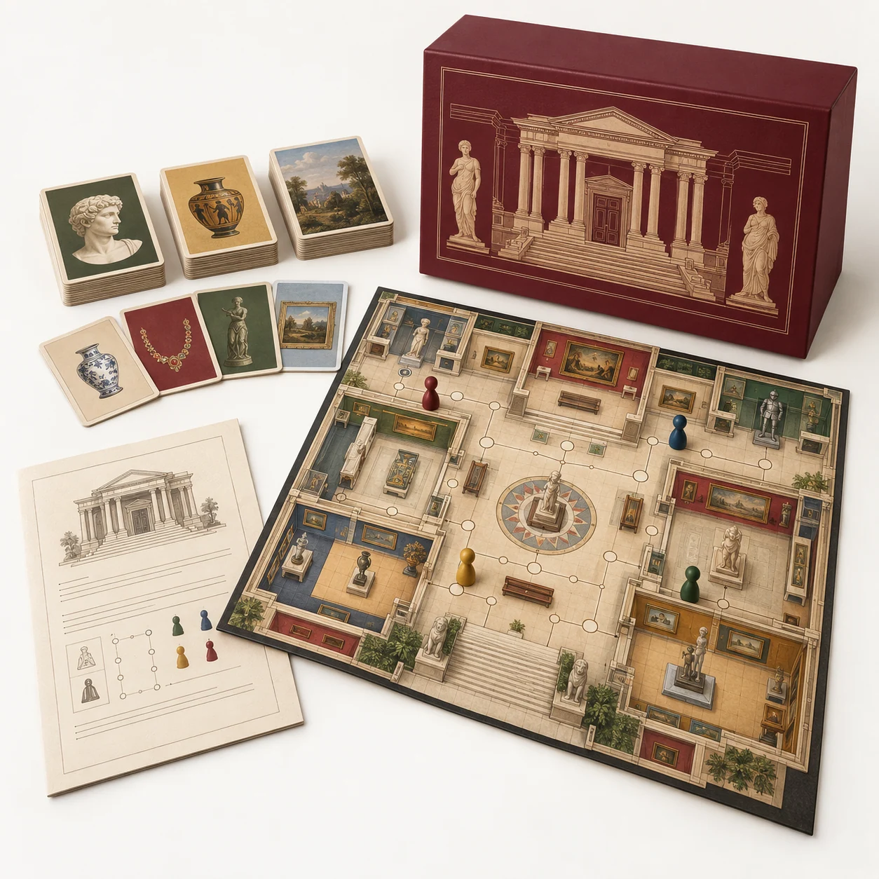Brettspiel für Museumsshops – realistische KI-Visualisierung einer möglichen Ausführung