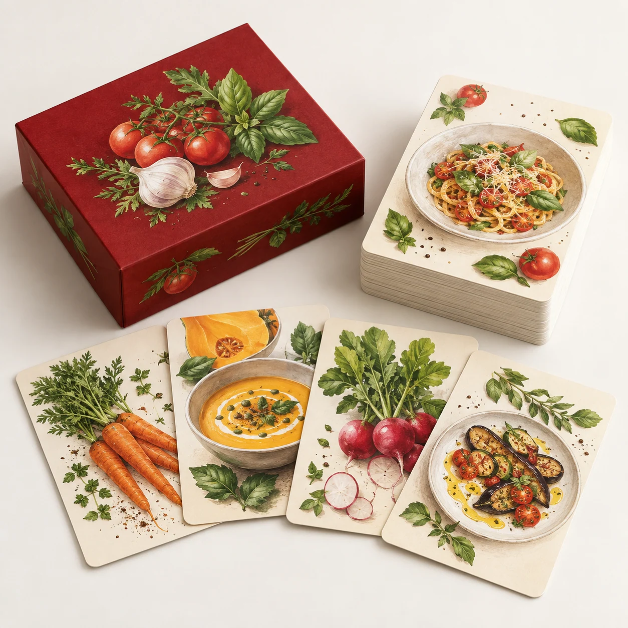 Rezeptkarten-Set für Ihre Marke – realistische KI-Visualisierung einer möglichen Ausführung