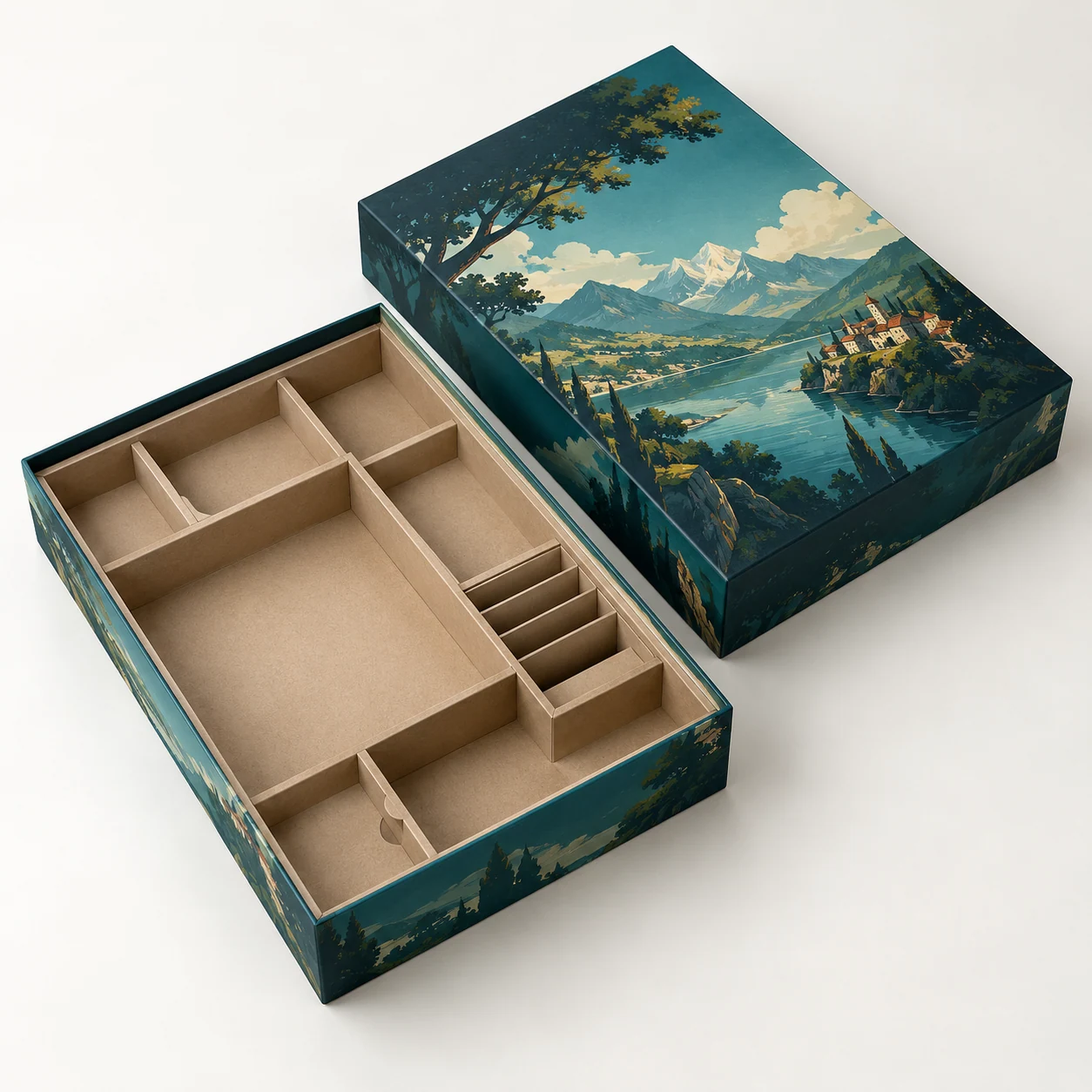 Spieleschachtel mit Kartoneinsatz – realistische KI-Visualisierung einer möglichen Ausführung