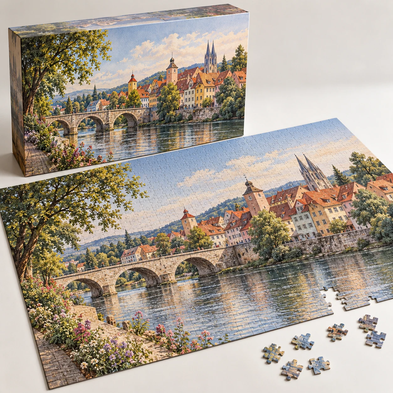 Stadtpanorama-Puzzle mit 1000 Teilen – realistische KI-Visualisierung einer möglichen Ausführung