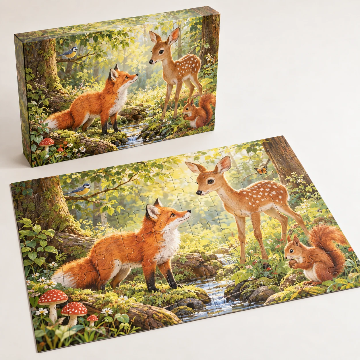 Waldtierpuzzle mit 54 Teilen – realistische KI-Visualisierung einer möglichen Ausführung