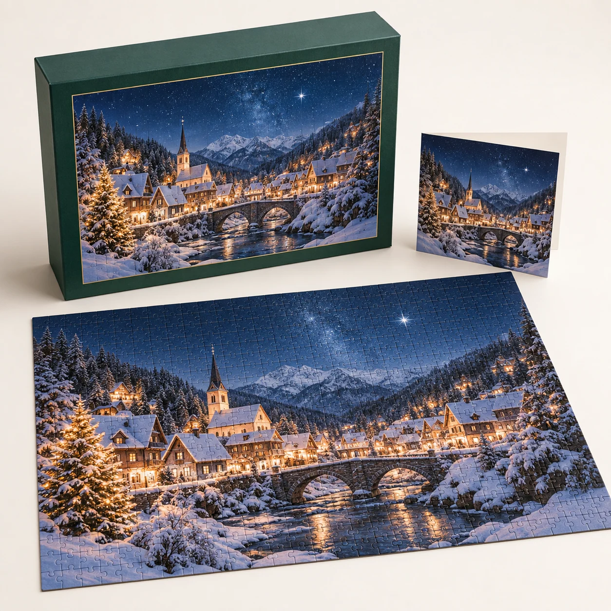 Weihnachtspuzzle als Mitarbeitergeschenk – realistische KI-Visualisierung einer möglichen Ausführung