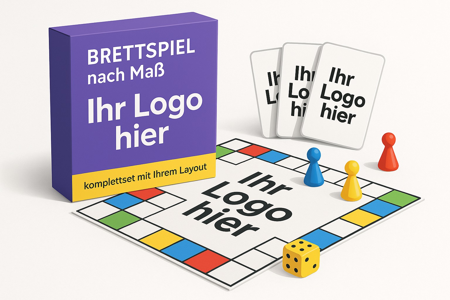 Individuelles Brettspiel-Set mit Logo – Spielplan, Karten, Figuren und Verpackung