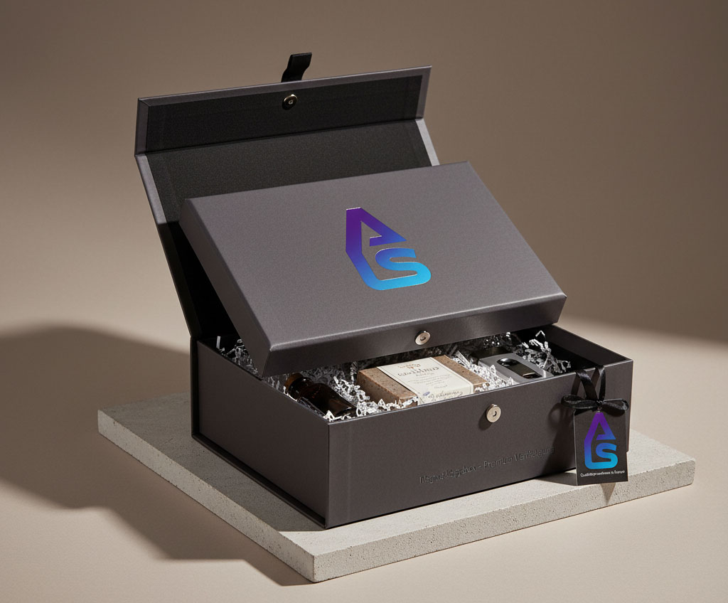 remium-Magnetklappbox mit Magnetverschluss – luxuriöse Verpackung, personalisiert mit Logo von Auftrag Spiele.