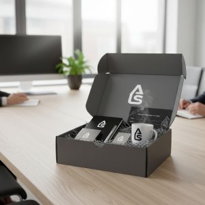 Auftrag Spiele Onboarding-Box: cremefarbene Magnetbox mit Logo, realistisches Mockup für Welcome-Kit.