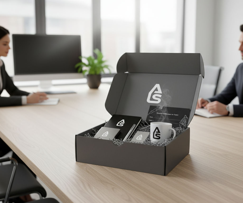 Auftrag Spiele Onboarding-Box: cremefarbene Magnetbox mit Logo, realistisches Mockup für Welcome-Kit.