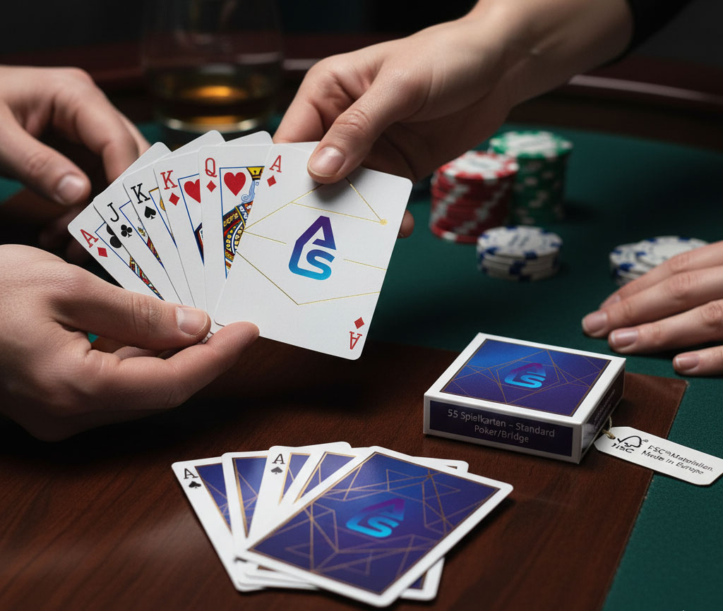 55 Standard-Spielkarten (Poker/Bridge) – personalisiert mit Logo, Premium-Karton.