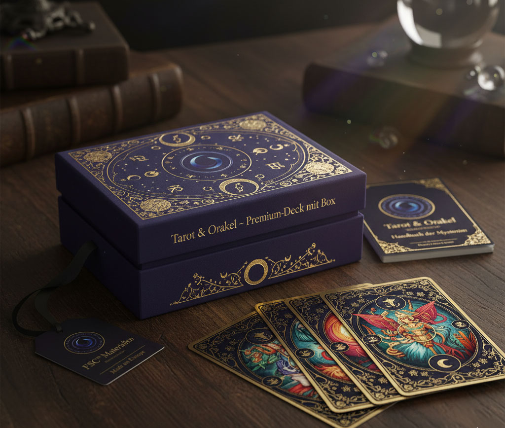 Premium Tarot- & Orakelkarten mit Box – personalisiert, optional Goldfolie/Prägung.