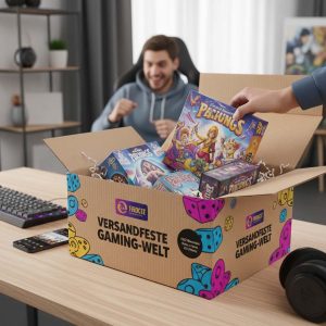 ersandfeste, robuste E-Commerce-Verpackung für Spiele – mit Logo personalisierbar.