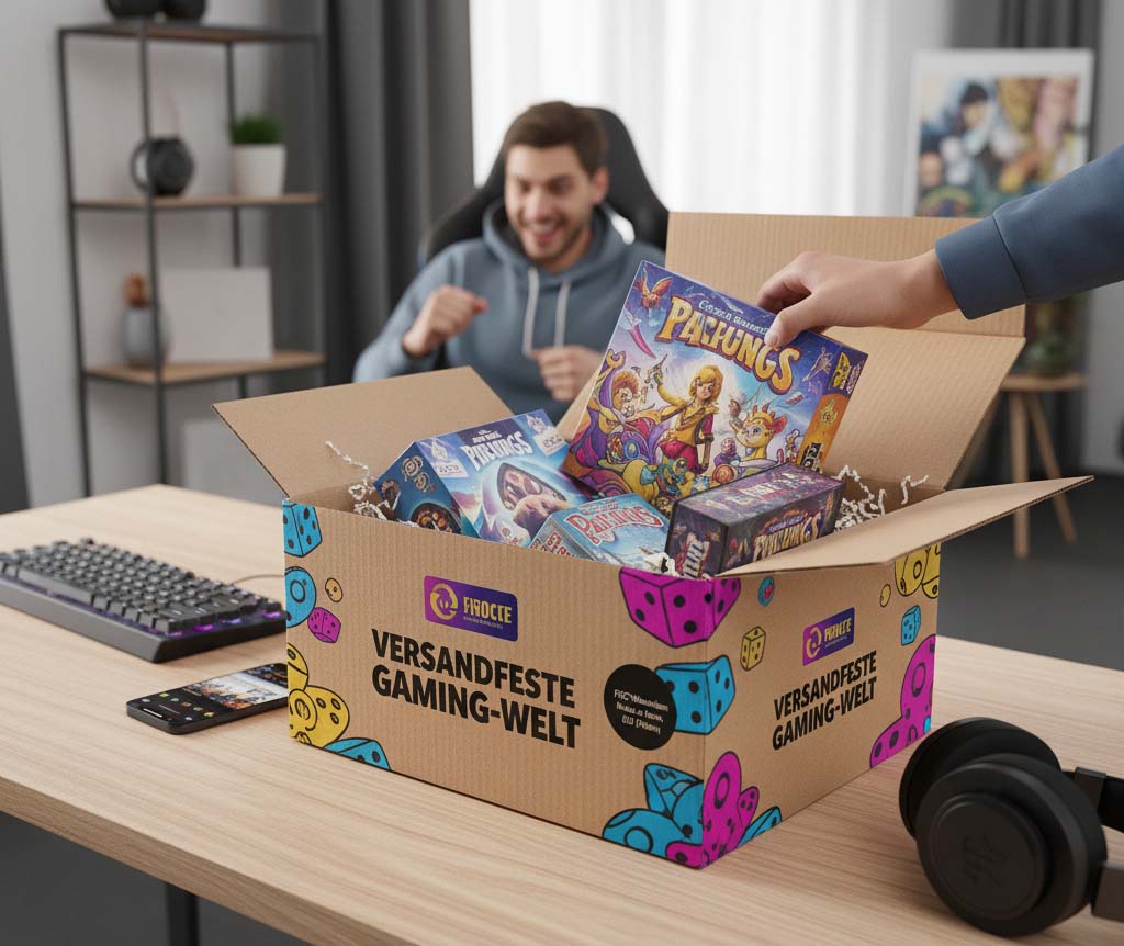 ersandfeste, robuste E-Commerce-Verpackung für Spiele – mit Logo personalisierbar.